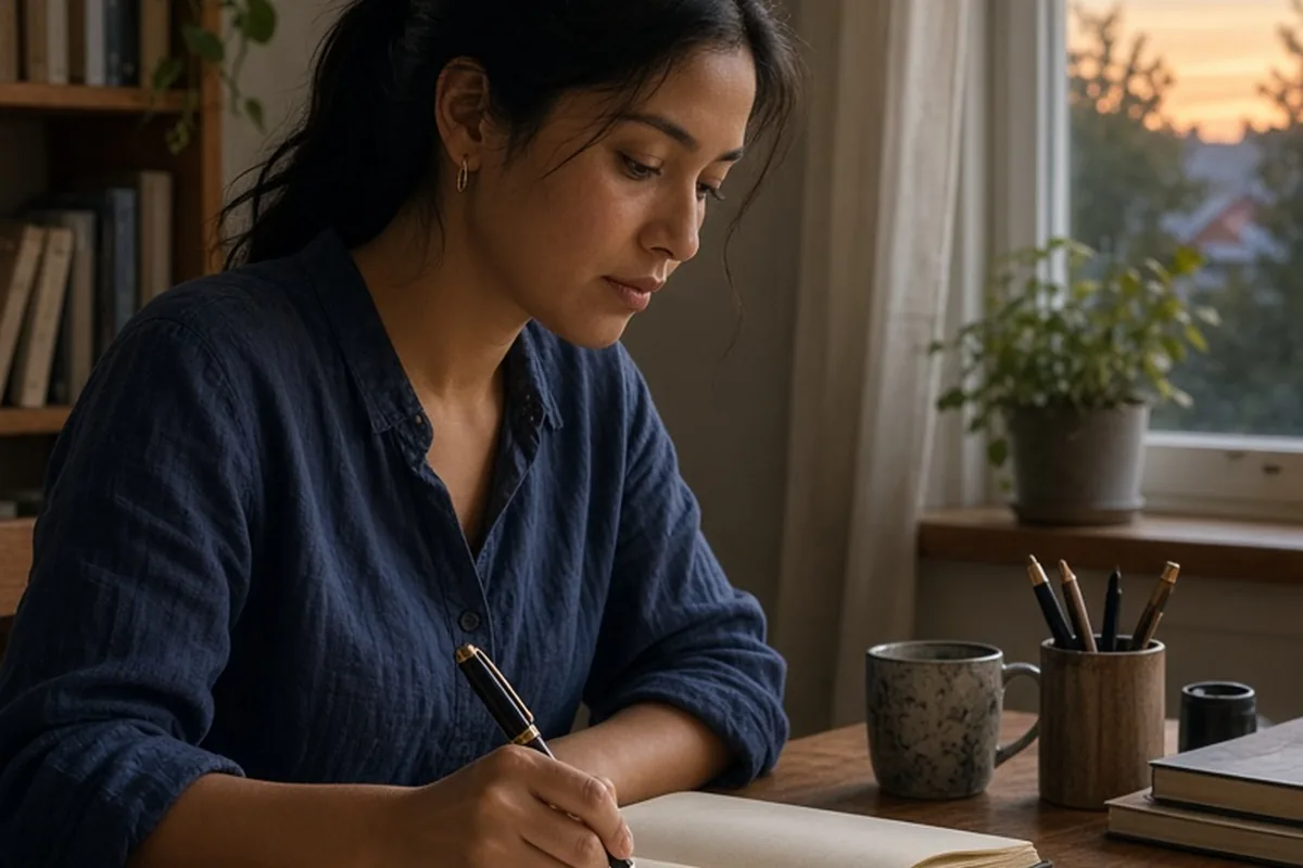 A woman with straight black hair sitting at a desk writing a letter in a journal with a pen, soft evening light from a window