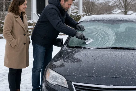 A man defrosting his partner's car windshield in a snowy driveway on a cold morning while the woman watches