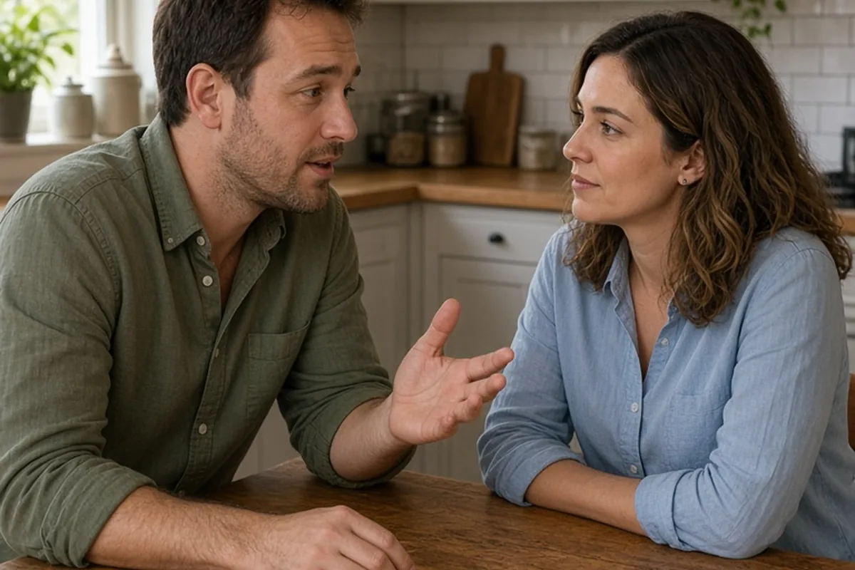 Marcus and his partner talking at the kitchen table in their home