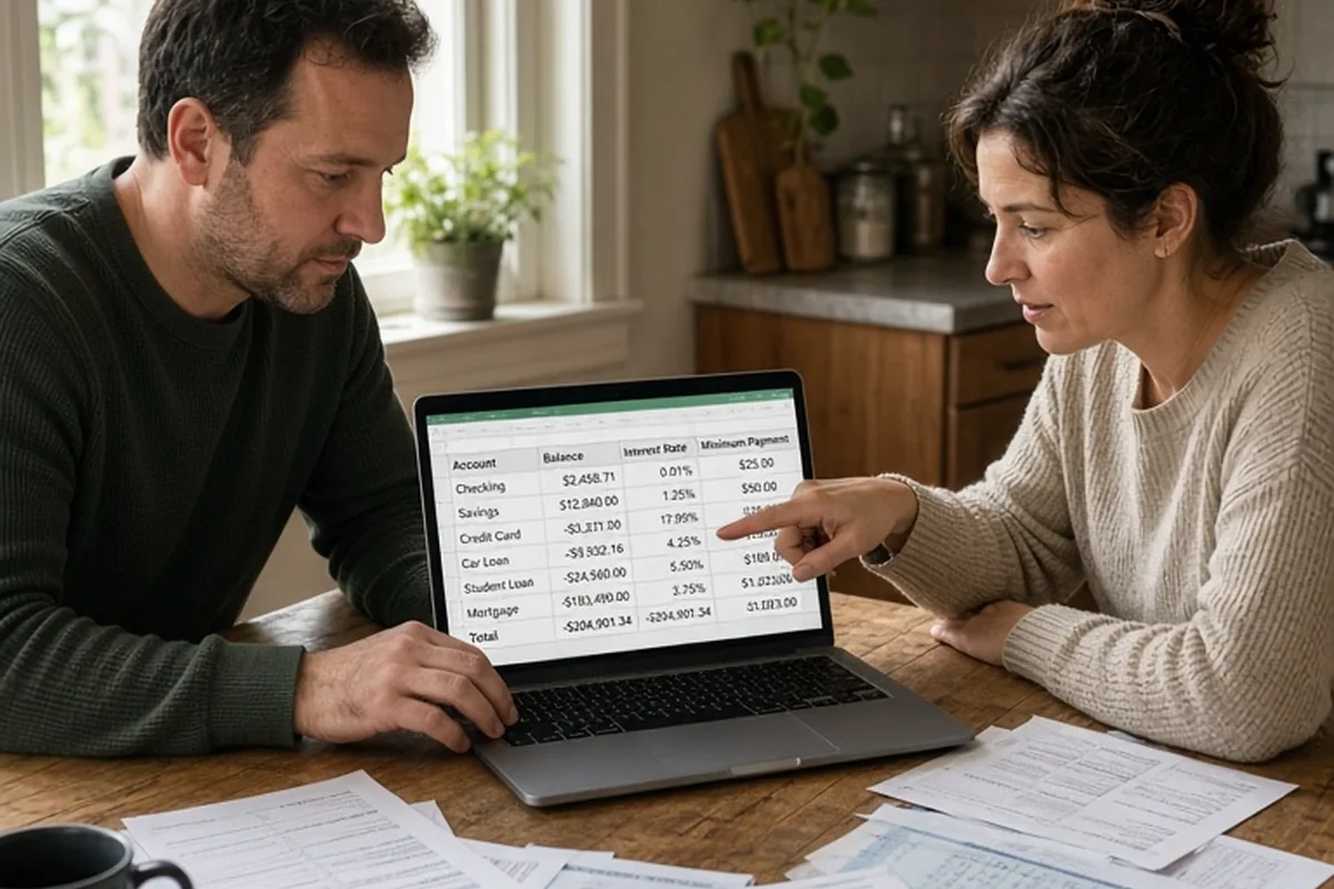 A man and woman at a kitchen table looking at a laptop displaying a spreadsheet with financial information.