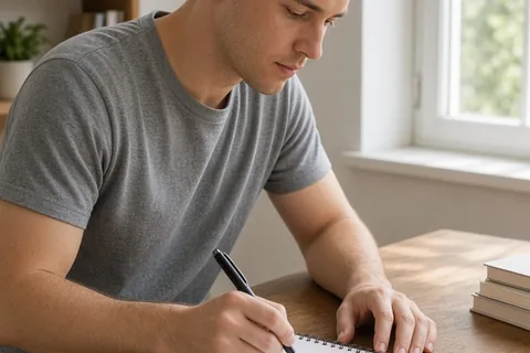A young man in a gray t-shirt with short brown hair sitting at a desk in a home office writing in a spiral notebook