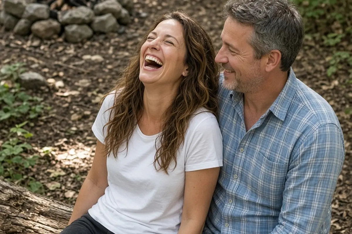 A clearly adult woman in her late thirties with long wavy brown hair and a clearly adult man in his forties with short salt-and-pepper hair laughing together on a log at a forest campsite