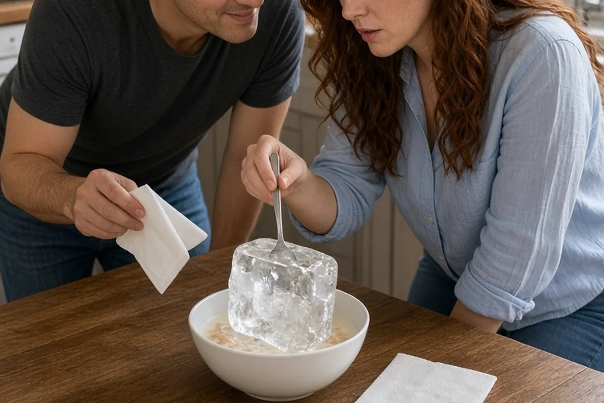 A clearly adult couple at a wooden kitchen table with a bowl of cereal frozen solid overnight, the spoon sticking straight up in the ice block, the woman reaching towards it in confusion while the man
