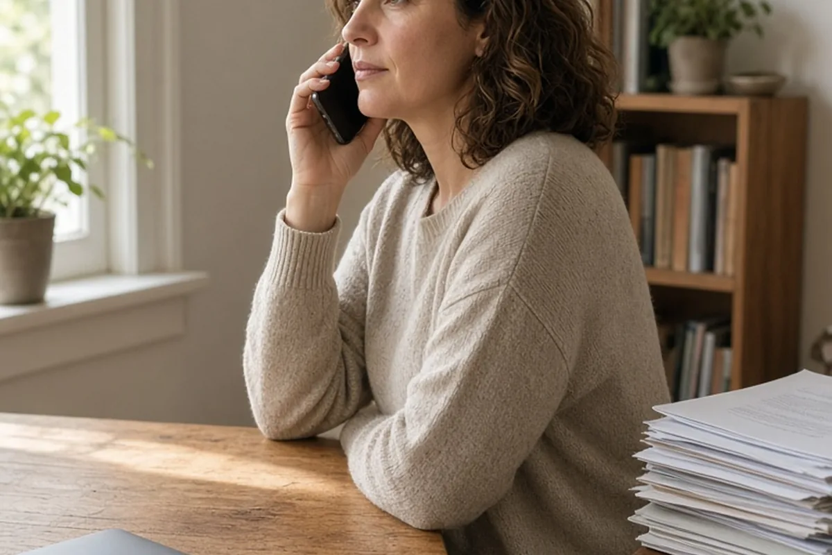 A clearly adult woman in her late thirties with shoulder-length wavy brown hair wearing a casual beige sweater and dark pants sits at a wooden desk in a quiet home office, holding a smartphone to her 