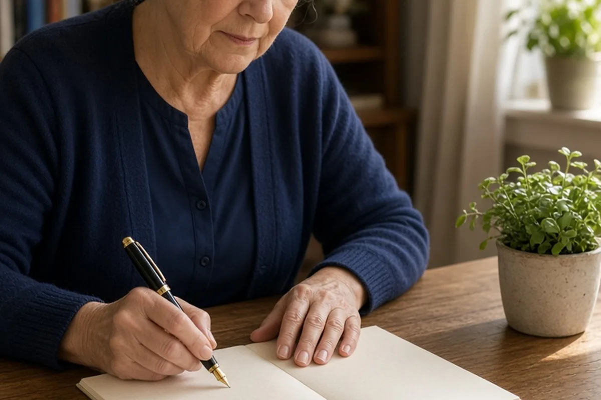 A woman in her sixties writing a message in a greeting card at a wooden desk under soft natural light