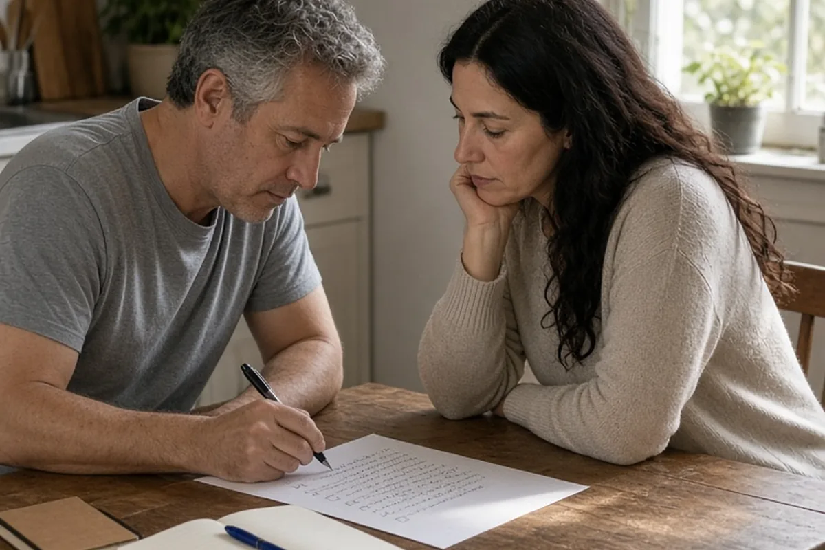 Two adults sitting at a kitchen table, one writing a checklist on paper while the other watches