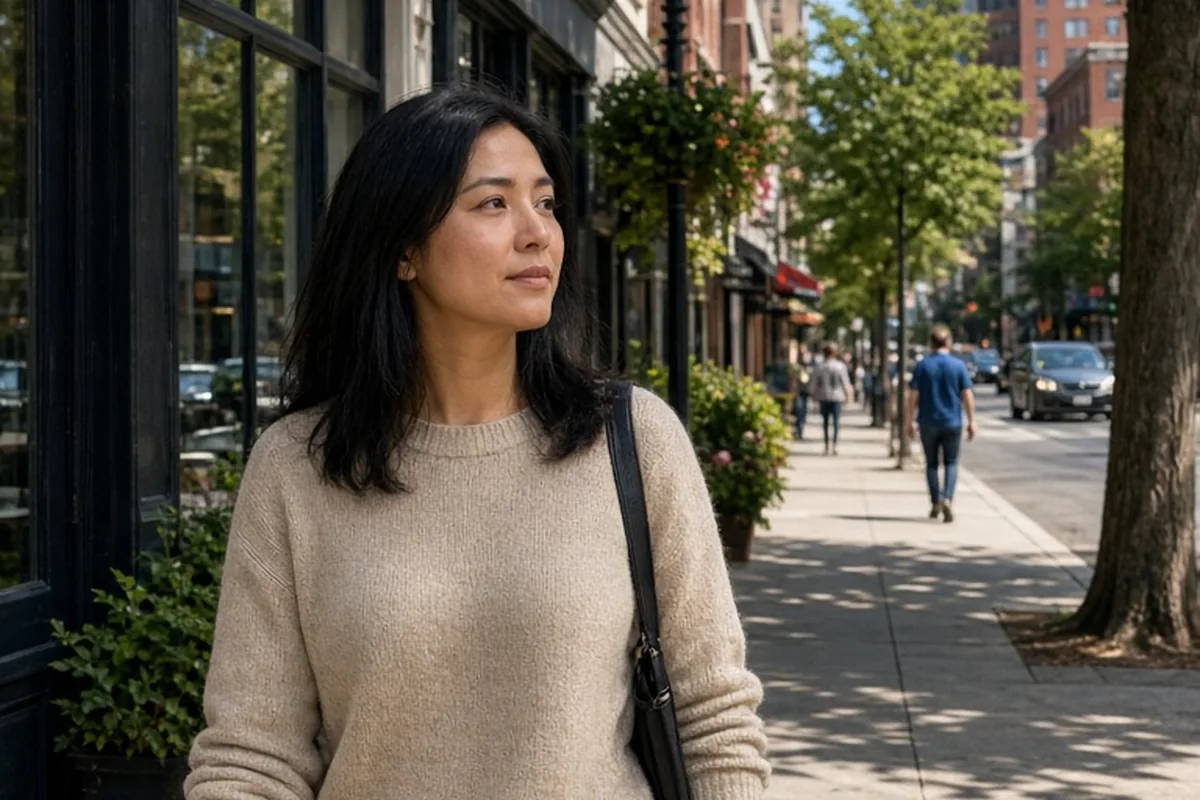 A woman in her thirties with straight black hair walking on a city sidewalk during the day, engaged in her local surroundings