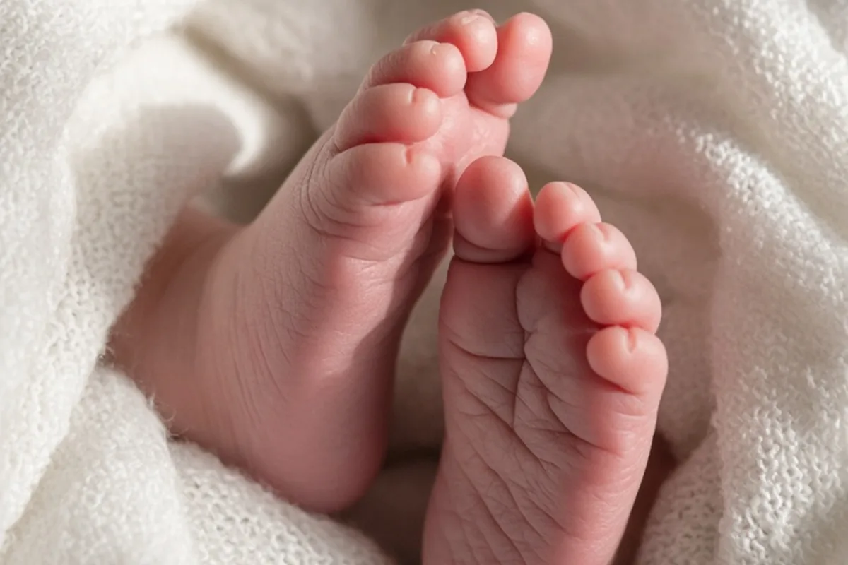 Extreme close-up of a newborn baby boy's tiny pink toes curled gently on a soft white blanket