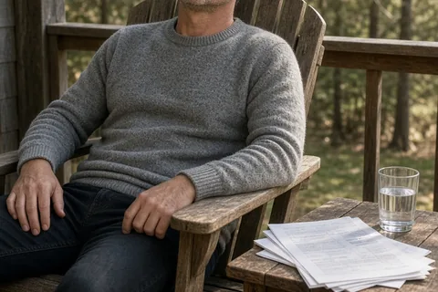 A clearly adult man with short salt-and-pepper hair sitting on a wooden porch chair breathing calmly beside a table with budget papers and a glass of water