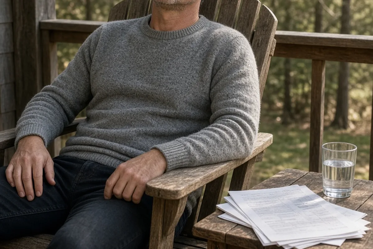 A clearly adult man with short salt-and-pepper hair sitting on a wooden porch chair breathing calmly beside a table with budget papers and a glass of water