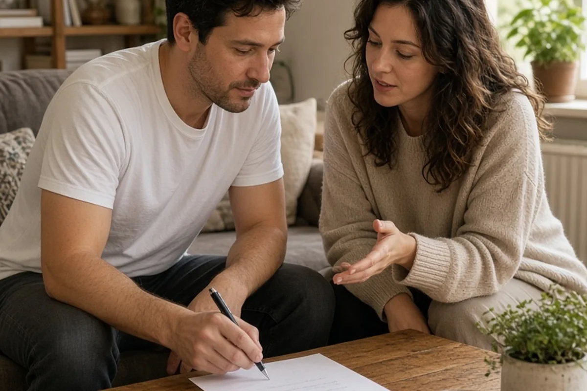 A couple at a wooden coffee table in a home living room, the man writing on paper while the woman looks at the notes and gestures as they discuss their wedding vows.