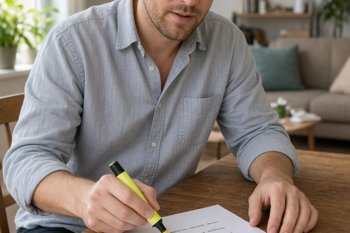 A man in his thirties with short brown hair and light stubble writing a bulleted list with a yellow highlighter at a wooden dining table in a bright apartment living room