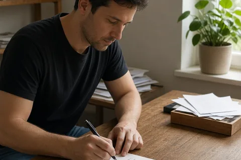 A man writing a quote on an index card at a desk in his home, alone and focused.