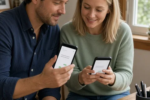 A man and woman sitting at a wooden desk in a home office with one holding a smartphone showing the Paired app interface and the other looking at her phone in a moment of intimate discovery.
