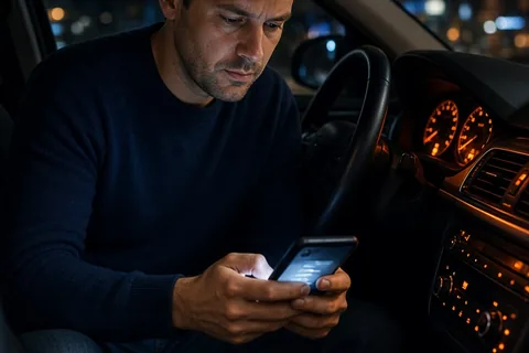 A man in his thirties with short brown hair wearing a casual navy sweater and jeans sitting in a car at night, focused on his smartphone while curating a new music playlist