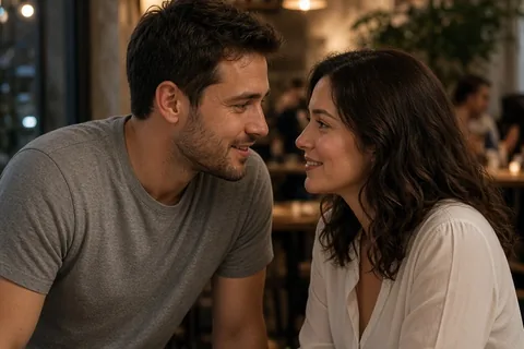 A man and a woman in their late twenties seated at a restaurant table, the man leaning forward to speak while the woman listens with a gentle smile