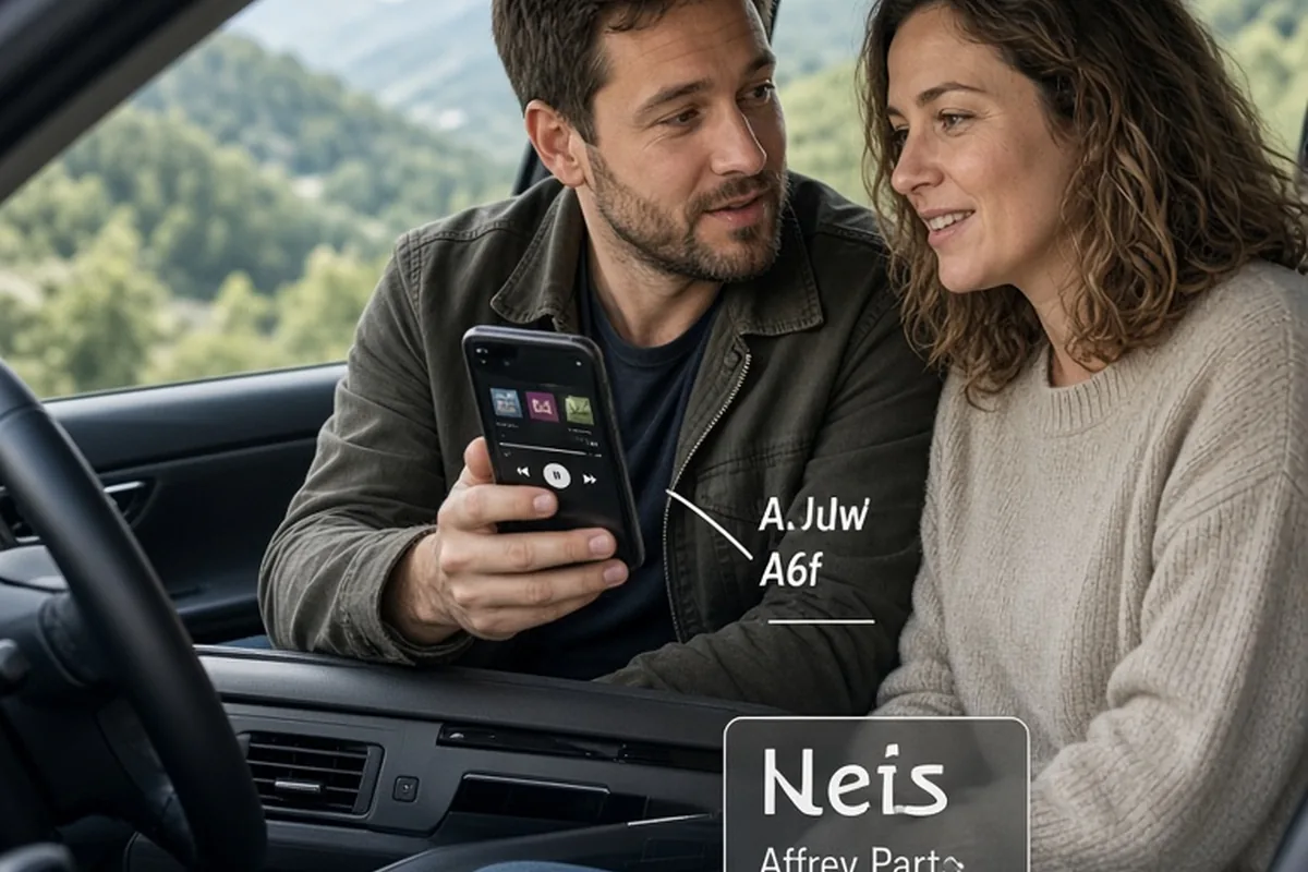 A man and a woman sitting in a car, the man holding his smartphone as they talk about music