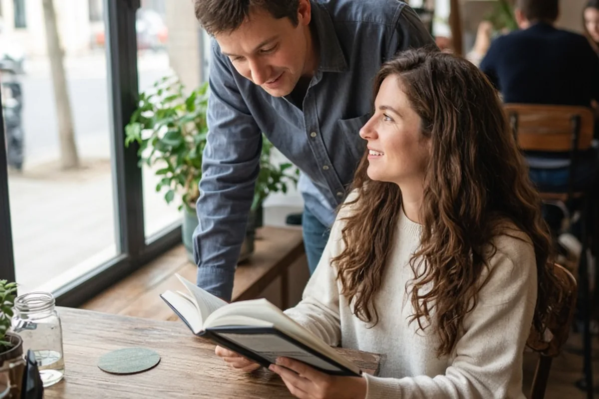 A man in his thirties with short brown hair wearing a light blue button-up shirt talking to a woman in her mid-twenties with long wavy brown hair wearing a simple beige sweater at a wooden table in a 