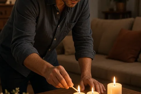 A man in his thirties lighting candles in a living room to prepare a romantic at-home birthday celebration