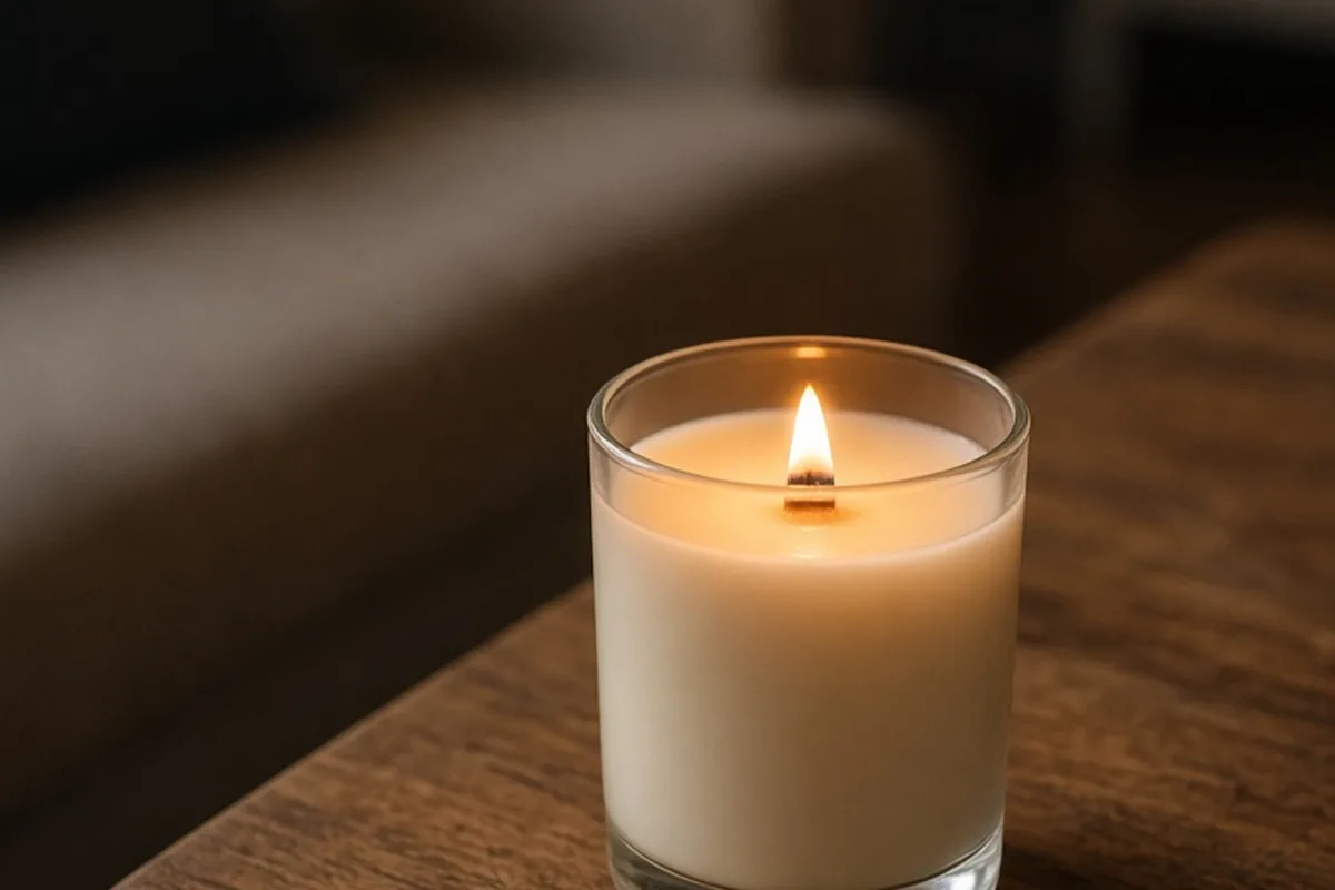 A sandalwood and amber scented candle in a glass jar on a wooden coffee table in a dimly lit living room, the flame just catching.