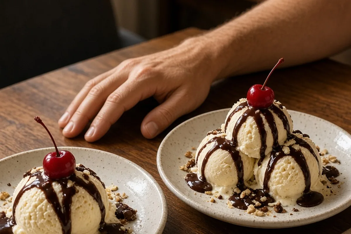 Two dessert plates on a wooden table with a man's arm resting beside one of the plates