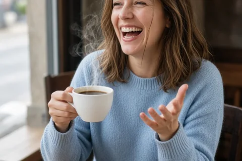 A woman with shoulder-length brown hair laughing at a cafe table while holding a white coffee cup