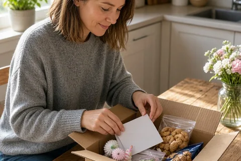A woman packing a cardboard box with a birthday card and snacks at a kitchen table
