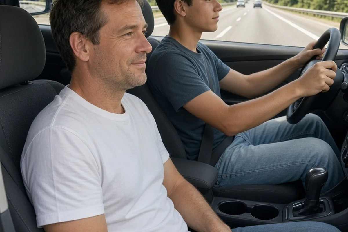 A parent with hands in lap seated inside a car, the teenager driving ahead, viewed from a three-quarter angle.
