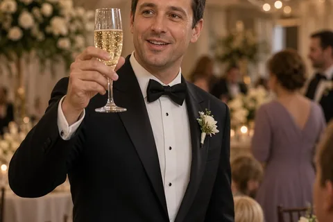 An adult man in a tuxedo raising a champagne glass to toast at a wedding reception with a warm relieved expression