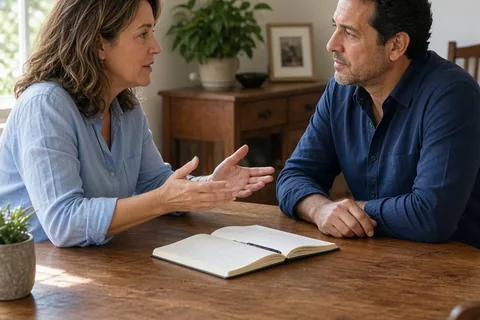 Couple in their 30s at a home dining table with an open notebook discussing family rituals and setting boundaries