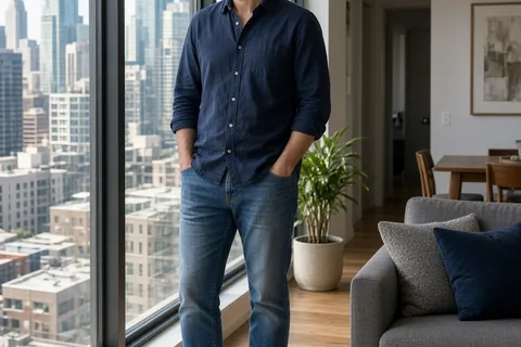 A man in his thirties standing alone in a modern apartment looking out the window with a calm expression