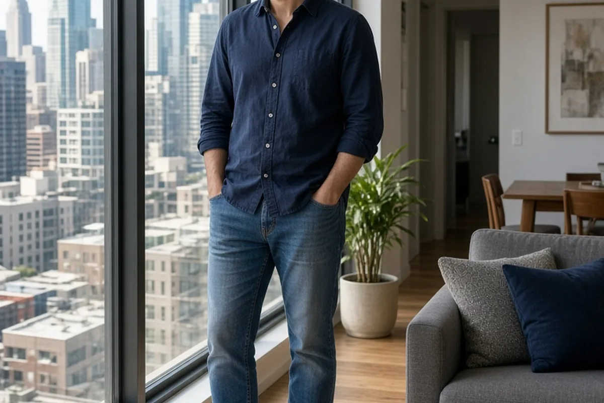A man in his thirties standing alone in a modern apartment looking out the window with a calm expression