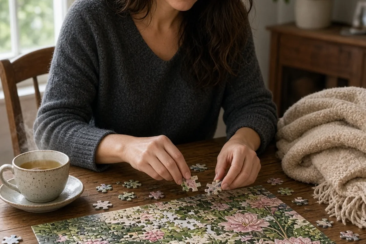 A woman in her mid-thirties assembling a botanical puzzle at a table in her home