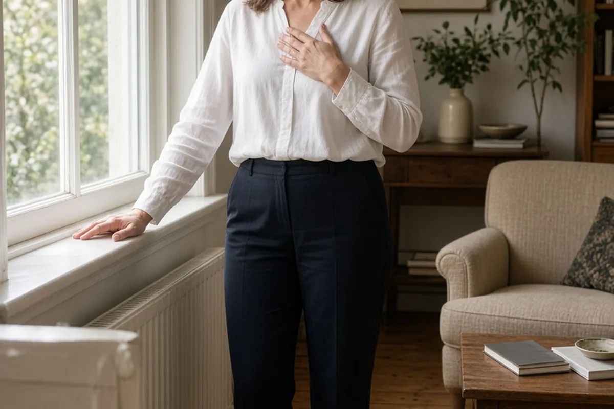 A woman in her forties standing on a wooden floor in a sunlit living room, one hand resting on the windowsill, with a notebook on the table beside her