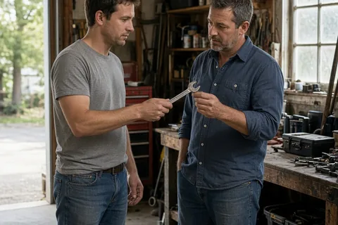 Two adult brothers in a garage working side by side, one handing a wrench to the other while inspecting tools on a workbench