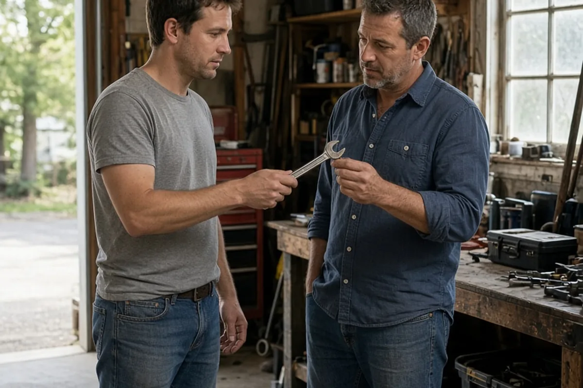 Two adult brothers in a garage working side by side, one handing a wrench to the other while inspecting tools on a workbench