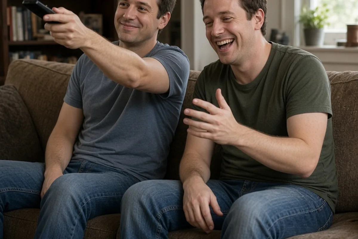 Two adult brothers laughing in a living room as one holds the remote control pointed at the television