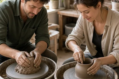A couple working side by side at pottery wheels in a studio, shaping clay pots