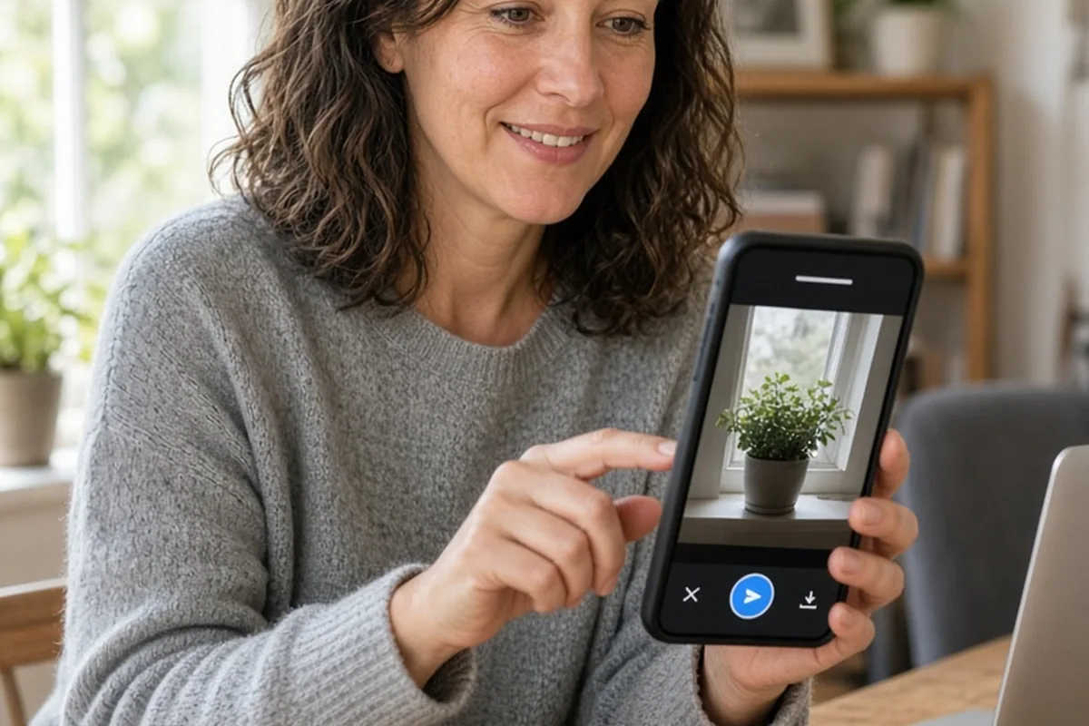 A clearly adult woman with shoulder-length wavy brown hair wearing a soft gray sweater and blue jeans sitting at a wooden desk in a bright modern home office holding her smartphone with her finger on 