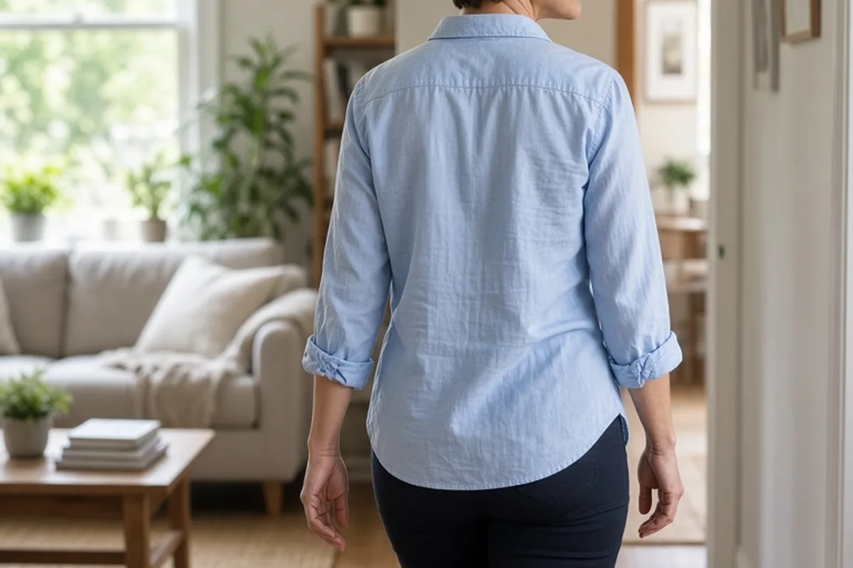 A woman with short dark hair in a light blue button-up shirt walking away from the living room into the hallway in a home interior