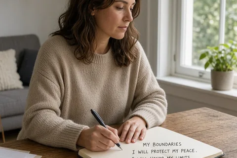 A woman in her mid-thirties with shoulder-length dark brown hair sitting at a wooden desk in a bright apartment writing in a notebook with a pen under soft daylight from a window on the right