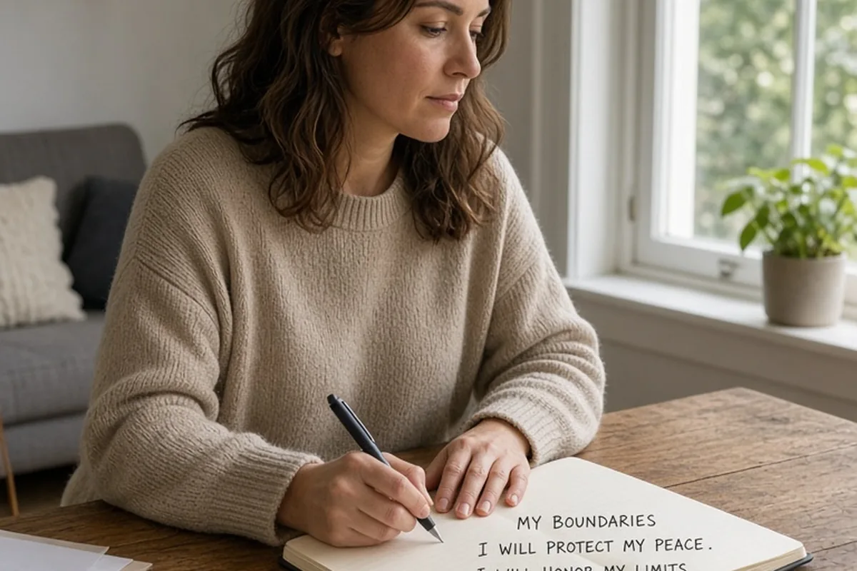A woman in her mid-thirties with shoulder-length dark brown hair sitting at a wooden desk in a bright apartment writing in a notebook with a pen under soft daylight from a window on the right