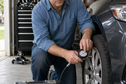 A man in his mid-forties with salt-and-pepper hair checking the tires of a sedan in a garage using a tire gauge