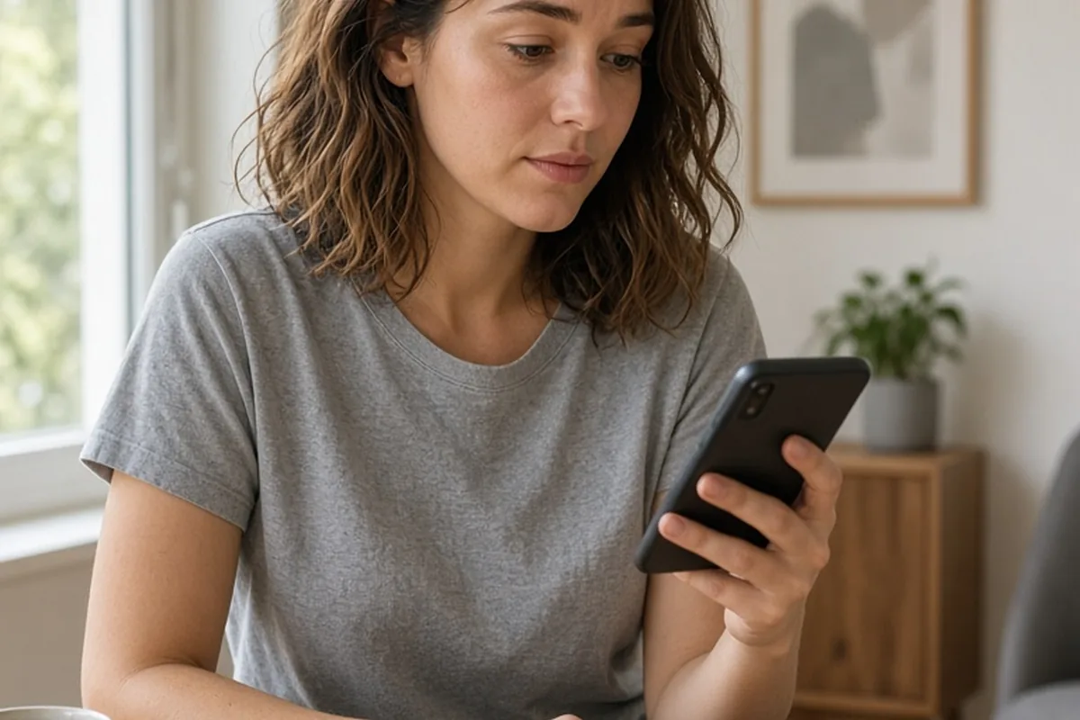 A woman in her mid-twenties sitting at a desk and looking at her smartphone with an absorbed expression