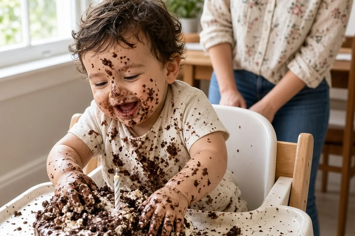 A toddler boy in a high chair at a birthday party smashing a chocolate cake covered in frosting, with a woman watching in the background