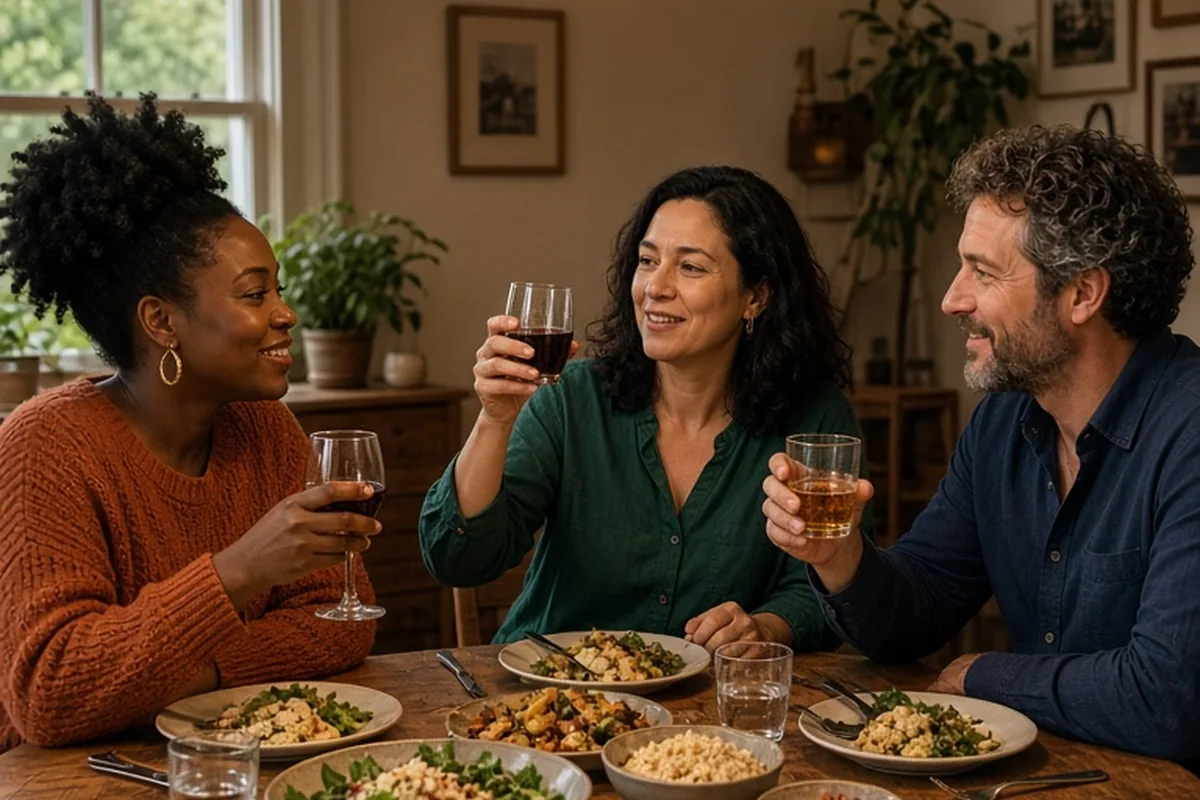 Three friends at a wooden dining table raising glasses in a toast