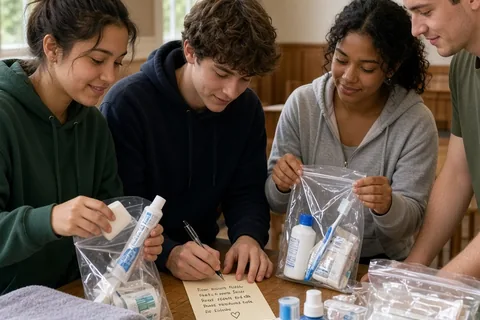 Group of young adults at a table in a church hall sorting personal items into plastic bags and writing notes on cards for community service