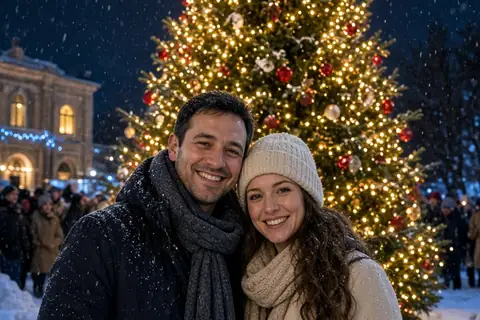 A couple in winter coats posing in front of a Christmas tree at night
