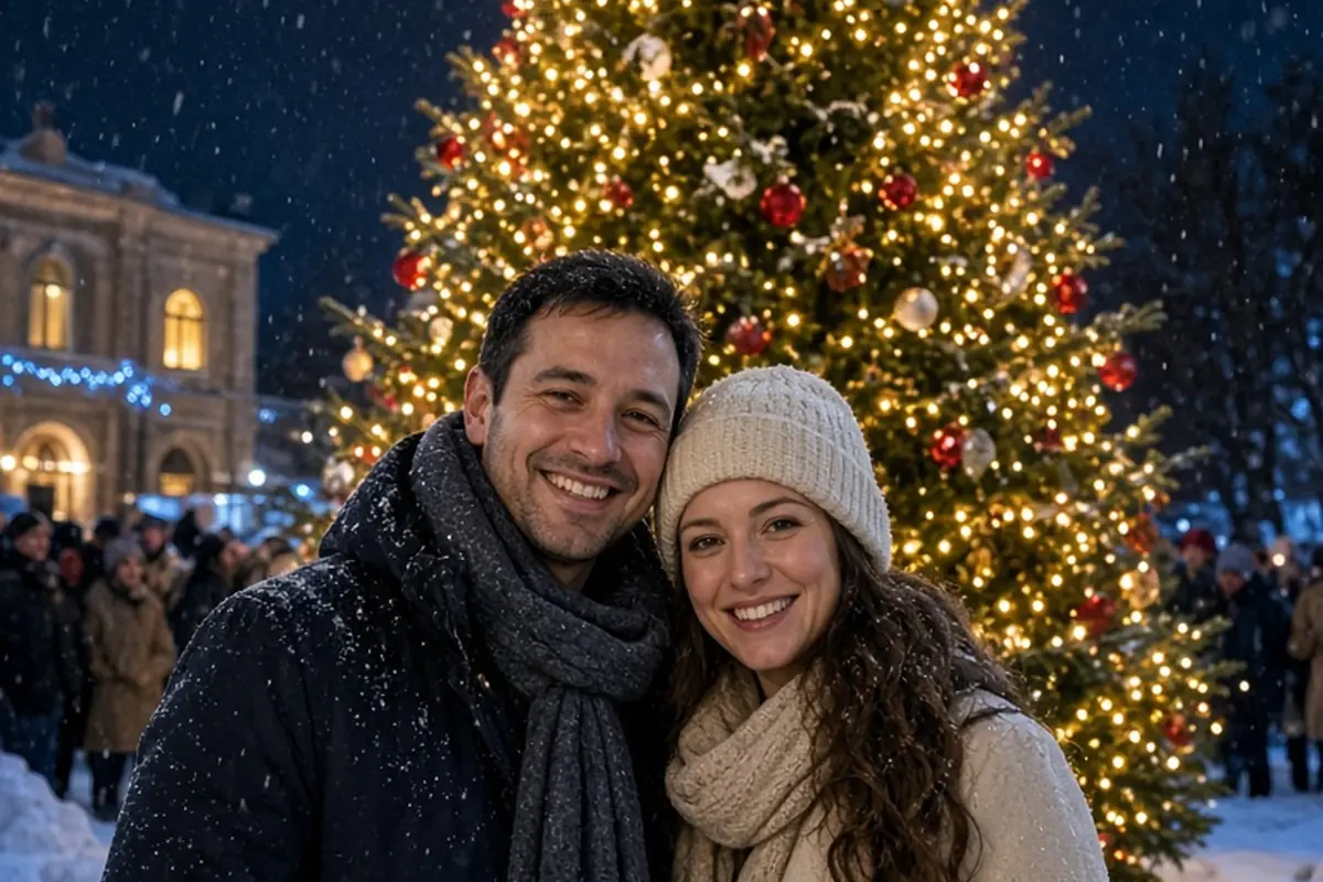 A couple in winter coats posing in front of a Christmas tree at night