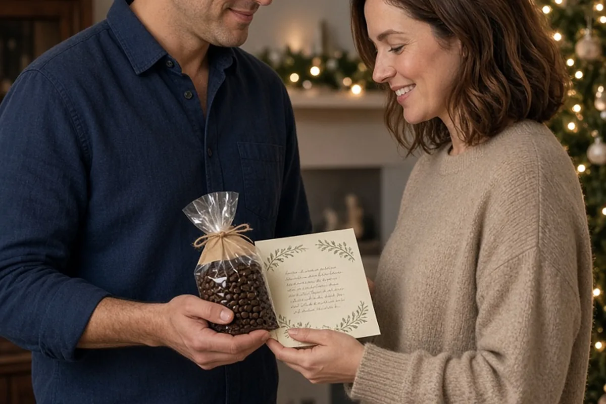 A man in his thirties with short dark hair handing a botanical card and coffee to a woman in her thirties with shoulder-length brown hair beside a Christmas tree